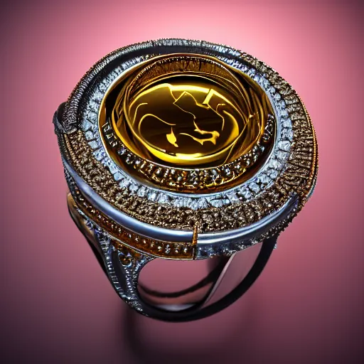 Prompt: complex golden ring with cameo and gems of a torso with a cyberpunk style, 8k, details, studio lighting, realism
