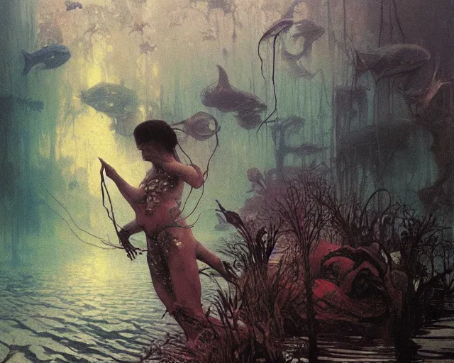 Image similar to the last sight before death by drowning, underwater scene, painted by zdzislaw beksinski and artgerm and greg rutkowski and alphonse mucha and rene laloux