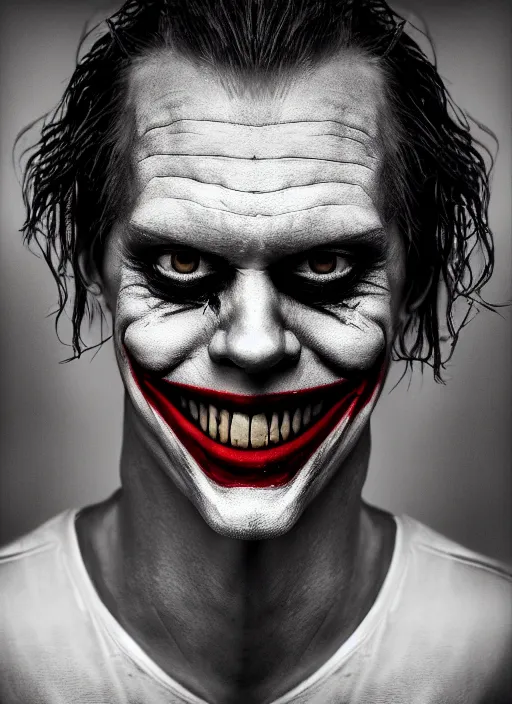 Image similar to photo of Bill Skarsgard as the Joker by Eolo Perfido and Lee Jeffries, smile, head shot, detailed, award winning, Sony a7R