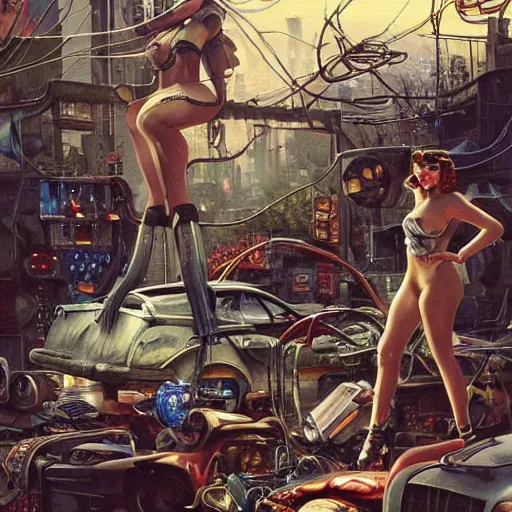 Image similar to Cyberpunk junkyard, organic tendrils and hanging cables, detailed painting by Gil Elvgren and Eric Stanton