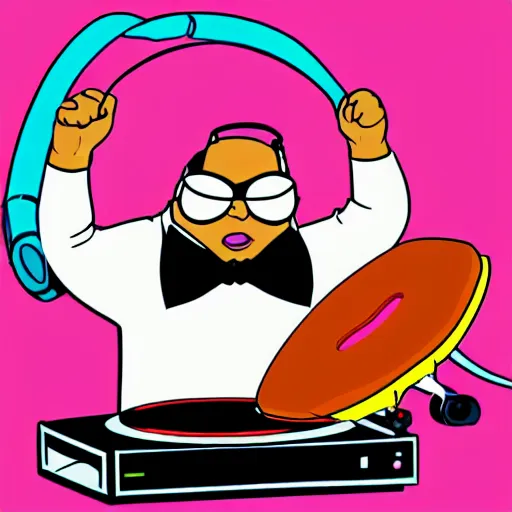 Image similar to svg sticker of a Family-Guy Peter-Griffin at a rave, spinning records, giant headphones rocking out, wearing headphones, huge speakers, dancing, rave, DJ, spinning records, digital art, amazing composition, rule-of-thirds, award-winning, trending on artstation, featured on deviantart