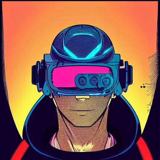 Image similar to “in the style of josan Gonzalez and jinx88 a young and suave cyberpunk teenager wearing a futuristic helmet, eyes still visible, highly detailed, y2k”