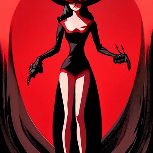 Image similar to rafael albuquerque comic art, peter mohrbacher, phil noto, artgerm, pretty evil elizabeth olson witch, black and red dress, symmetrical eyes