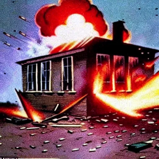 Image similar to color photo from the 80s, the shelling of a house in New York by Soviet soldiers, epic style, a bunch of explosions, realistic style