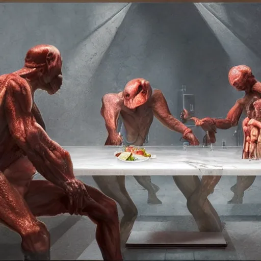 Image similar to hungry cannibals making a rich salad around a marble table, cinematic lighting, dramatic framing, highly detalied, 4k, artstation, by Wayne Barlowe and Rene Lalique