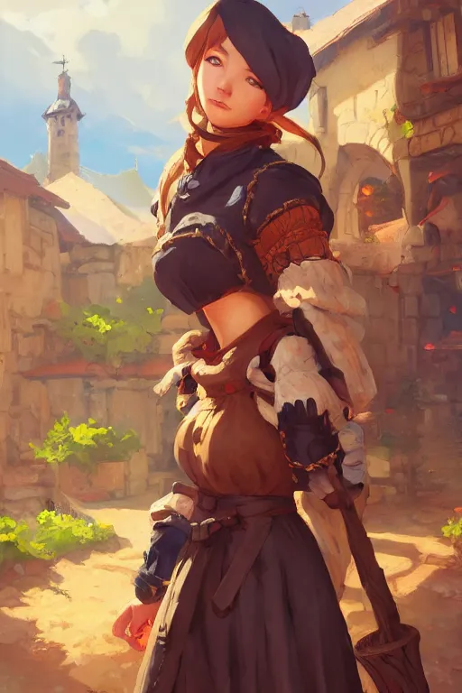 Image similar to a portrait of a cute female medieval peasant, rustic setting, overwatch art team, action pose, vivid colors, soft lighting, atmospheric, cinematic, moody, splash art in the style of ilya kuvshinov and range murata, oil on canvas, 8 k