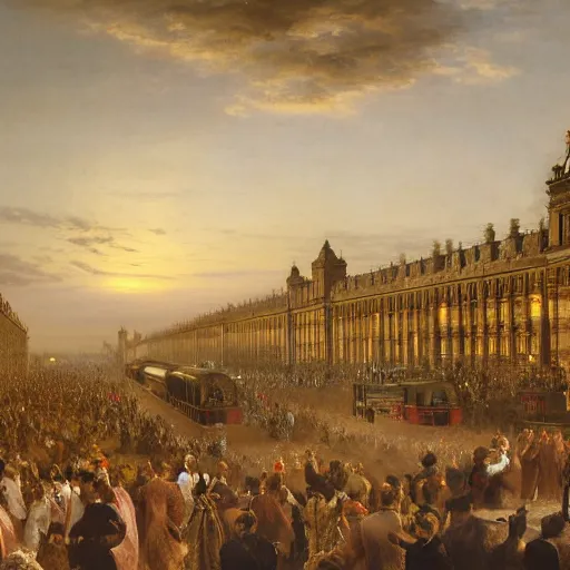 Prompt: clear detailed victorian painting of a flying train inside a large london station with billowing smoke at sunset and a large victorian crowd by william powell frith and and frederic leighton, ultra wide angle, 4 k