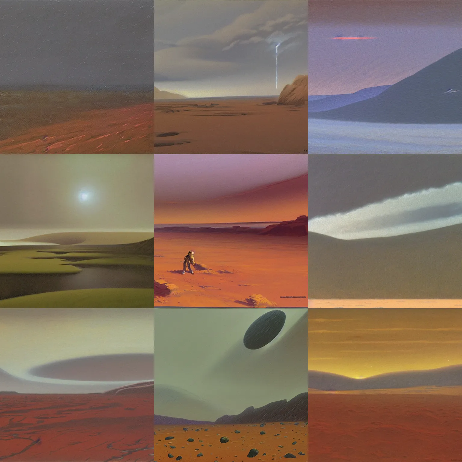 Prompt: A landscape painting of rainy rainstorm weather on wet Mars by Ralph Mcquarrie