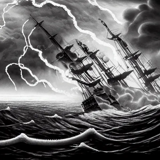 Prompt: a highly detailed hyperrealistic scene of a ship being attacked by giant squid tentacles, jellyfish, squid attack, dark, voluminous clouds, thunder, stormy seas, pirate ship, dark, high contrast, black and white, red, fiery storm