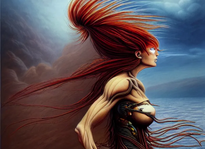 Prompt: realistic detailed image of a female Amazon warrior auburn hair blowing in an angry, stormy mountain top, anime art, anime, inspired by H.R. Giger and Zdzislaw Beksinski, gothic, rich deep colors. A masterpiece.