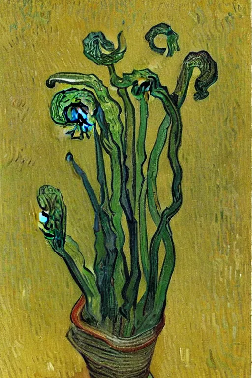 Image similar to Fiddleheads, painted by Vincent Van Gogh (1890), oil on canvas, detailed brushstrokes