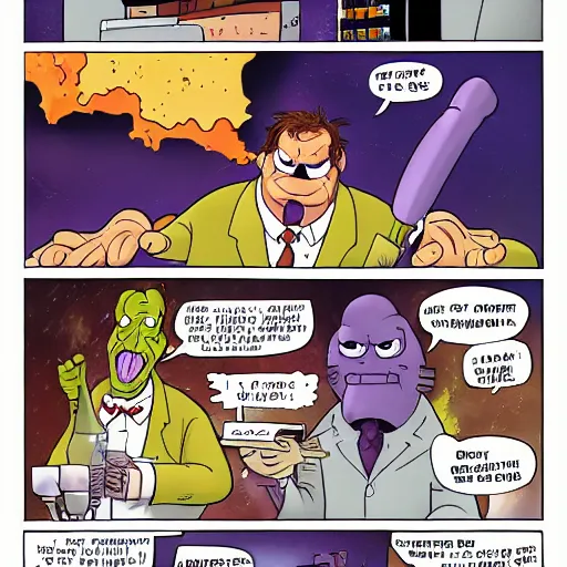 Image similar to garfield as a mad scientist creating thanos in a laboratory