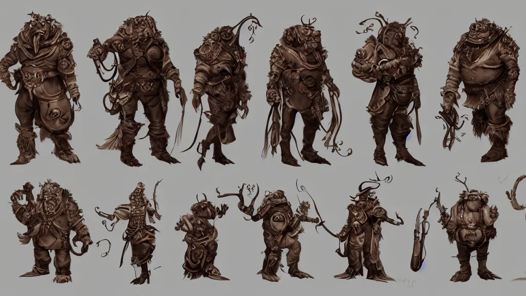 Image similar to a steampunk fantasy ogre character design sheet, trending on artstation