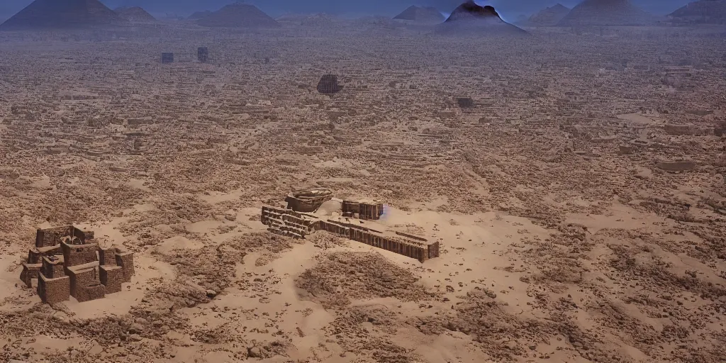 Image similar to a city in the desert with a pyramid in center, ziggurat, fantasy, hyper realistic, dramatic lighting, cinematic, 35mm lens, 8k,