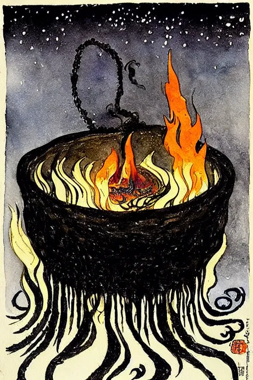 Prompt: a black witch's cauldron over a burning fire against a snowy night, detailed art by kay nielsen and walter crane, illustration style, watercolor