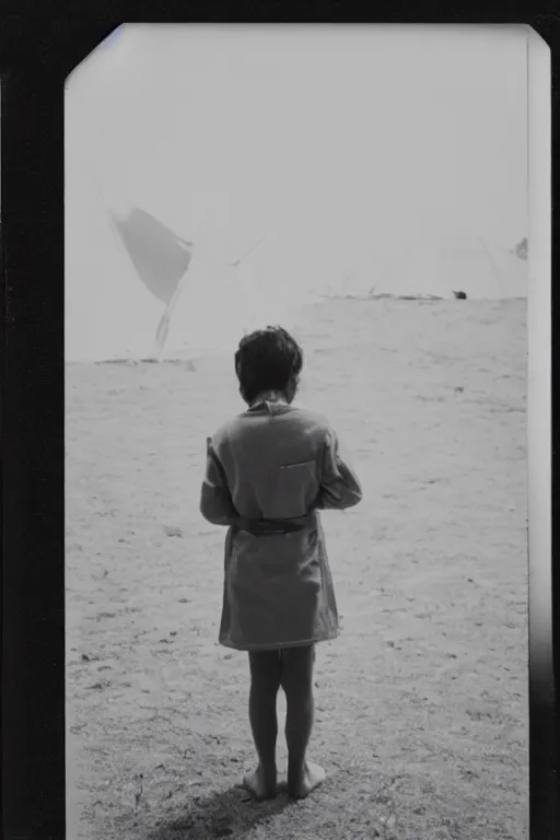 Image similar to photo polaroid of a sad and lonely child in a white coat and barefoot stands in the middle from behind the camera many big tents of field hospitals, pandemic, covid, loneliness, black and white ,photorealistic, 35mm film,