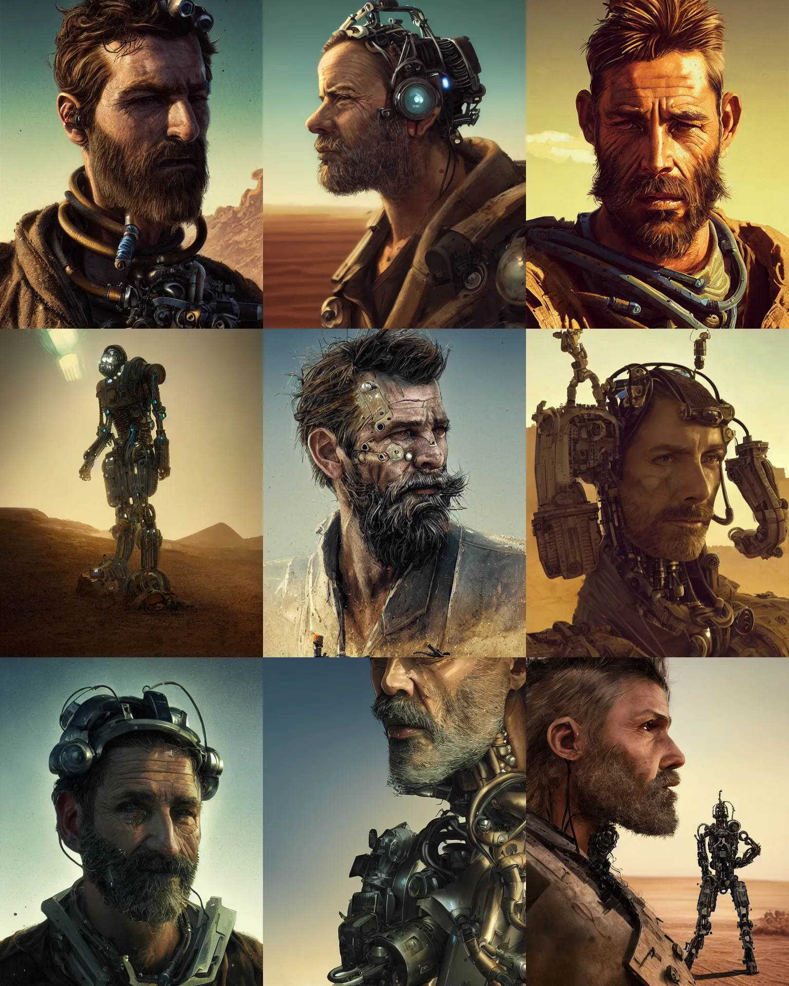 Prompt: a rugged middle aged machinist man with cybernetic enhancements and unique hair lost in the desert, scifi character portrait by greg rutkowski, esuthio, craig mullins, short beard, green eyes, 1 / 4 headshot, cinematic lighting, dystopian scifi gear, gloomy, profile picture, mechanical, half robot, implants, steampunk