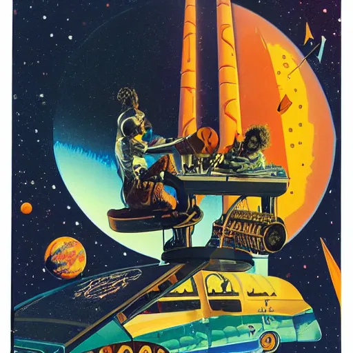 Prompt: stars that play with laughing sam's dice, the milky way express, jimi hendrix, friendly neighborhood experience maker, stp, lsd, rocket ship to saturn, butterfly roller skates, mars candy bars, don't open that door! by syd mead and chesley bonestell