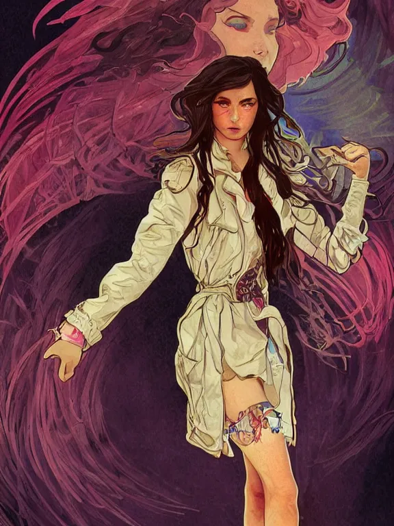 Image similar to digital illustration of a girl with eyes that burn like cigarettes wearing a short skirt and a long jacket with fingernails that shine like justice, dramatic lighting, photorealistic, extreme detail, 4 k, colorful, artgerm and alphonse mucha, watercolor