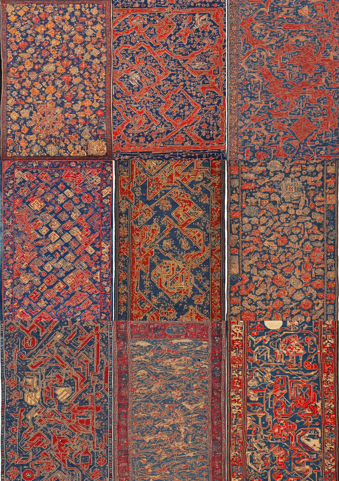 Prompt: geometric Kazak prayer rug (1880) depicting freight trains floating like clouds over cross-shaped moon, highly detailed Persian rug stitching