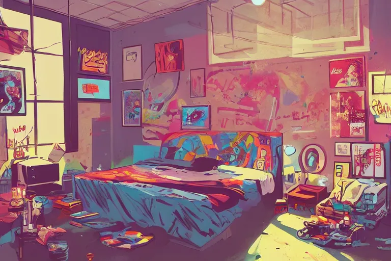 Image similar to a room of an american teen, graffiti and posters on the wall, bright, 8 0 s style, nostalgic, the sun shines in, warm, cozy, isometric art, bright, artstation, highly detailed, cinematic lighting + masterpiece