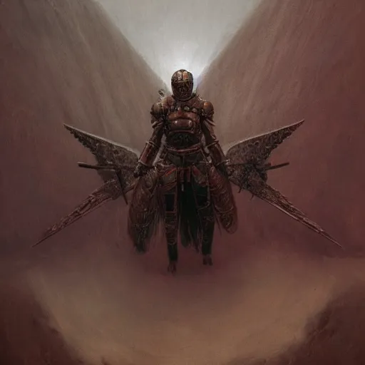 Image similar to winged hussar in ancient armor, beksinski, ruan jia, dark soul concept art, wide shot, wide angle, trending on artstation