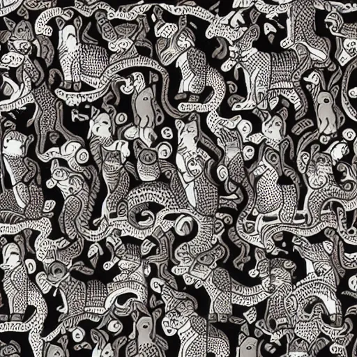 Prompt: an intricate tiled pattern of cats and dogs by mc escher, black and white painting