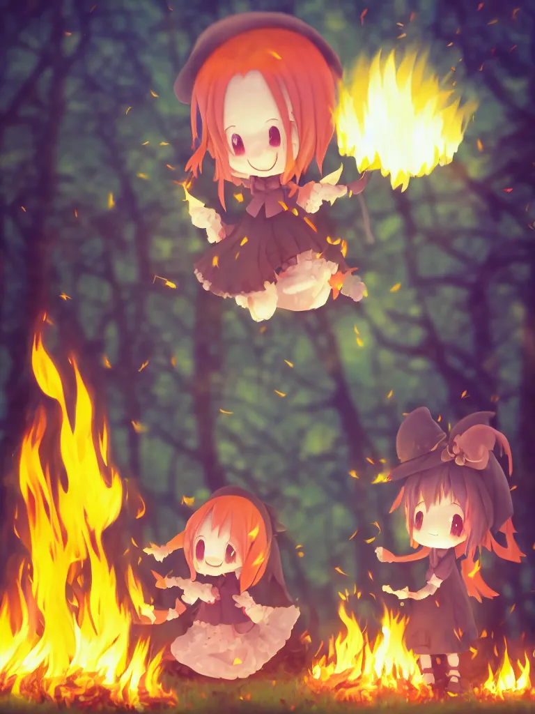 Prompt: cute fumo plush manic happy witch pyromaniac girl giddily starting a huge bonfire in the forest, anime, burning flames, warm glow and volumetric smoke vortices, rule of thirds composition, vignette, vray