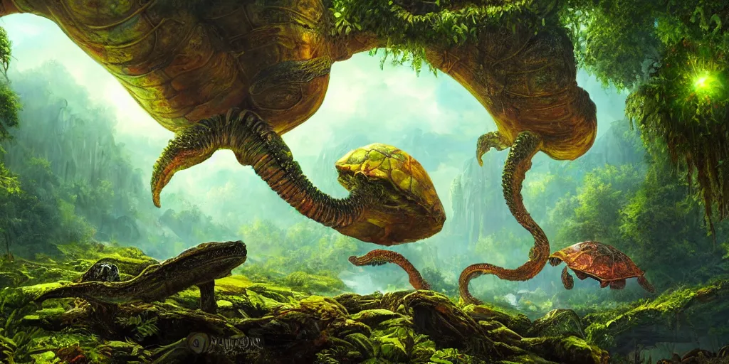 Prompt: fantasy oil painting, alien spacecraft, outer worlds, great leviathan, turtle cephalopod terrapin reptilian pachyderm amphibian hybrid, rainforest mountains, lush plants flowers, epic natural light, bright clouds, luminous sky, bright cinematic key lighting, michael cheval, michael whelan, vray, 8 k hd