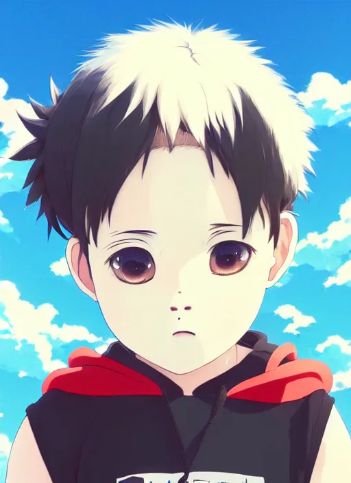 Prompt: portrait of anime style baby gorilla, sunny sky background, lush landscape, illustration concept art anime key visual trending pixiv fanbox by wlop and greg rutkowski and makoto shinkai and studio ghibli and kyoto animation, symmetrical facial features, black t shirt, red headphones,