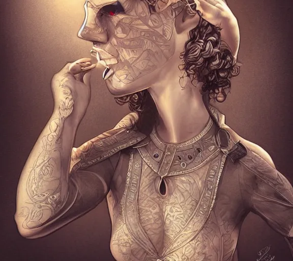 Image similar to damsel in distress, deep focus, intricate, beautiful, highly detailed, digital art, medium shot, bust, tight fit, art by logan cure, elias chatzoudis, trending on deviantart