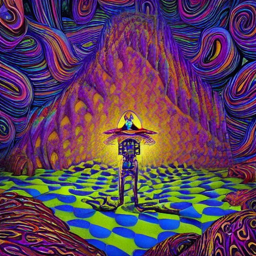 Image similar to Psychedelic Inter-dimensional freemasonic checkered trippy dreamscape in the style of an album cover by Howard Finster, Michael Cheval (unreal engine, 3d highly detailed, 8k, UHD, fantasy, dream, otherworldly, bizzare, spirals, colourful, vivid)