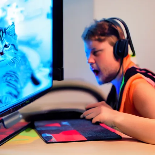 Prompt: Kitten playing video games in an bedroom, looking at a colorful computer monitor, wearing black headphones