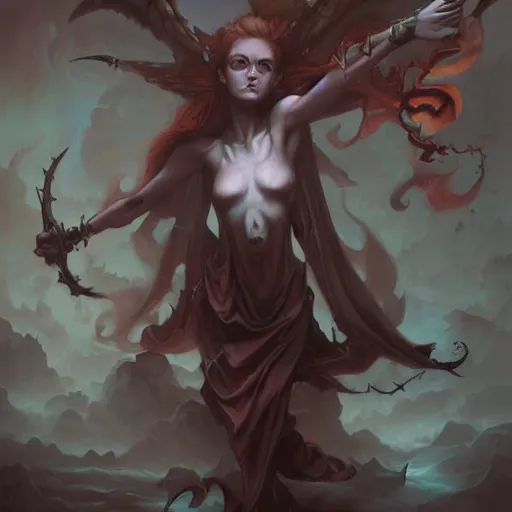 Image similar to sadie sink demonic birth from insanity dimension by peter mohrbacher