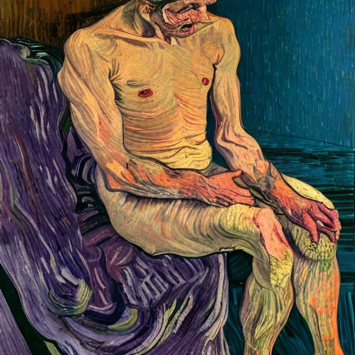 Image similar to high quality high detail painting of a man in agony by lucian freud and jenny saville and francis bacon and vincent van gogh, hd, anxiety, seated with friend in a living room crying and screaming, turquoise and purple and orange and pink, dark atmosphere