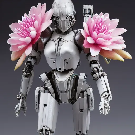 Image similar to futuristic nymphaea themed mecha waterlily upper body, sepals forming helmet, highly detailed, nymphaea, 8 k hd resolution, barbatos mech with floral inlay, bandai box art, star wars, makoto kobayashi, frank gehry, raymond swanland