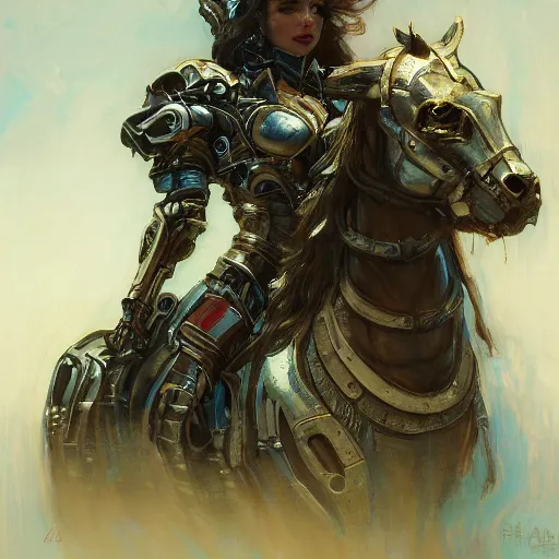 Image similar to portrait girl face metal cyborg armor and metal horse by gaston bussiere, anna nikonova aka newmilky, greg rutkowski, yoji shinkawa, yoshitaka amano, tsutomu nihei, donato giancola, geoffroy thoorens, concept art, trending on artstation, featured on pixiv