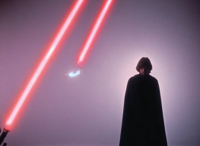 Image similar to detailed protrait photo of Luke skywalker using his lightsaber to light up a dark pinks hazy ethereal cave and discover the ancient jedi texts. kubrick. screenshot from the 1985 film, Photographed with Leica Summilux-M 24 mm lens, ISO 100, f/8, Portra 400