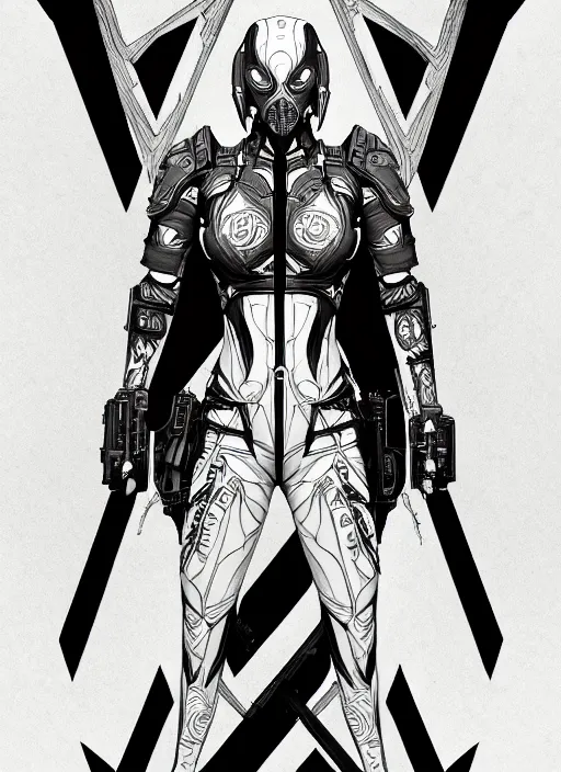 Prompt: symmetry concpet art, full shot, traditional ink, sketch, of deathshot, line sketch, intricate, elegant, highly detailed, monochrome, digital painting, artstation, concept art, sharp focus, illustration, art by borderlands 3 and peter polach