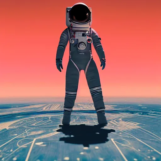 Image similar to A wide angle shot from below of a female astronaut with a feminine body walking with swagger towards camera on mars in an infinite universe , synthwave digital art