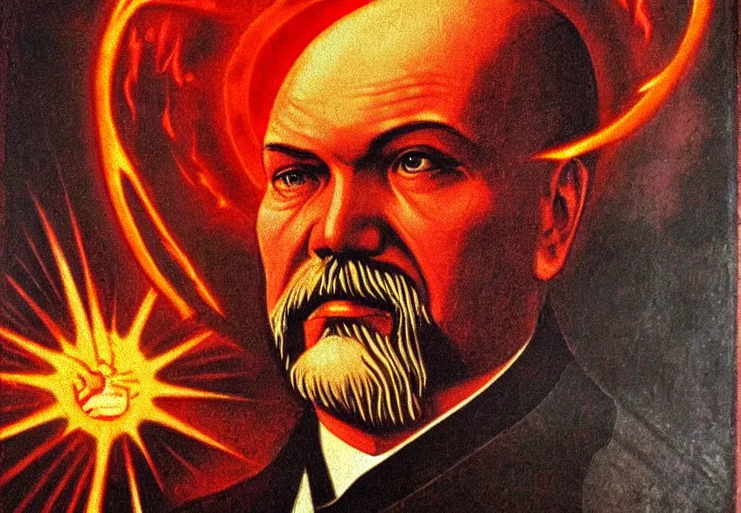 Image similar to lenin in hell, icon with a halo of fire, scary detailed art in color