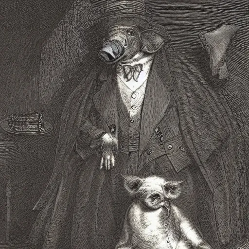 Prompt: a pig in a tuxedo, chiaroscuro, illustration by Gustave Doré,