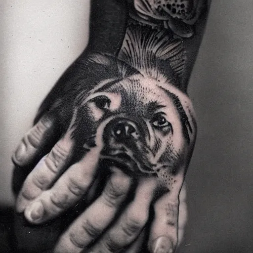 Image similar to a mid 1 9 0 0 s photograph of the back of a hand with a tattoo of a dog on it