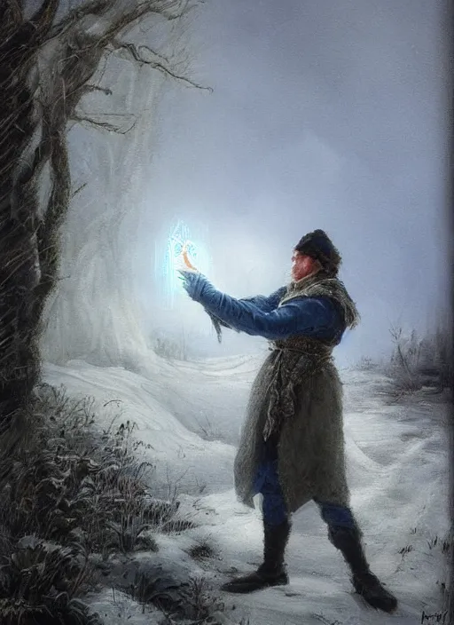 Prompt: a mage casting a frost spell by frederick morgan