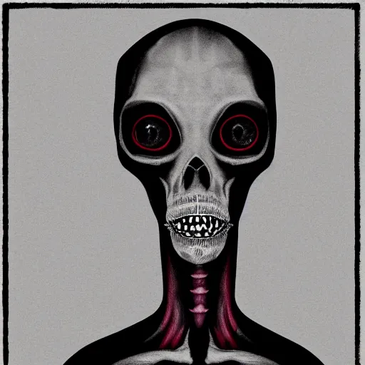 Image similar to humanoid with crooked teeth, two shallow black eyes, long open black mouth, alien looking, big forehead, horrifying, killer, creepy, photo turning slightly yellow, long open black mouth, dead, looking straight forward, realistic, slightly red, long neck, boney, monster, tall, skinny, skullish, deathly, in the style of alfred kubin