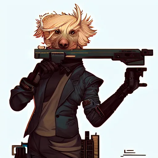 Image similar to a portrait of an anthropomorphic cyberpunk blond terrier! holding a shotgun, fantasy, elegant, digital painting, artstation, concept art, matte, sharp focus, illustration, art by josan gonzalez