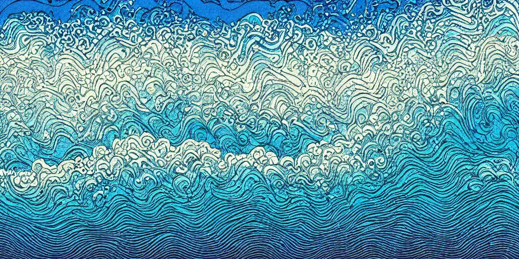 Image similar to Richly textured clouds and waves, An aesthetically pleasing, dynamic, energetic, lively, complex, intricate, detailed, well-designed digital art of a beach, ripples, waves, sea foam, light and shadow, overlaid with aizome patterns, Shin-hanga by Bob Ross, traditional Japanese colors, superior quality, masterpiece, featured, trending, award winning, HDR, HD, UHD, 4K, 8K, anamorphic widescreen