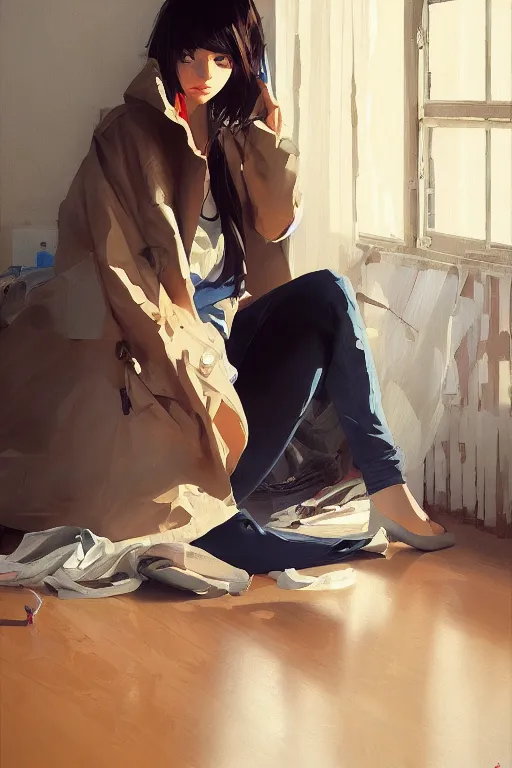 Image similar to A ultradetailed beautiful panting of a stylish girl sitting on the floor of a messy apartment, she is wearing an oversized jacket, Oil painting, by Ilya Kuvshinov, Greg Rutkowski and Makoto Shinkai