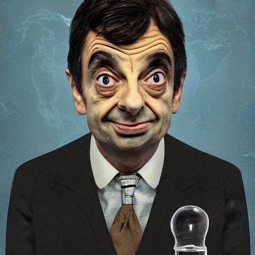Prompt: portrait of mr. bean as a mad scientist