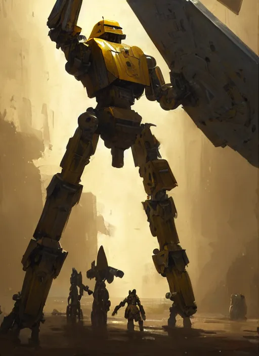 Image similar to human-sized strong intricate yellow pit droid carrying beautiful paladin greatsword and beautiful large paladin shield, pancake short large head, exposed metal bones, painterly humanoid mecha, by Greg Rutkowski